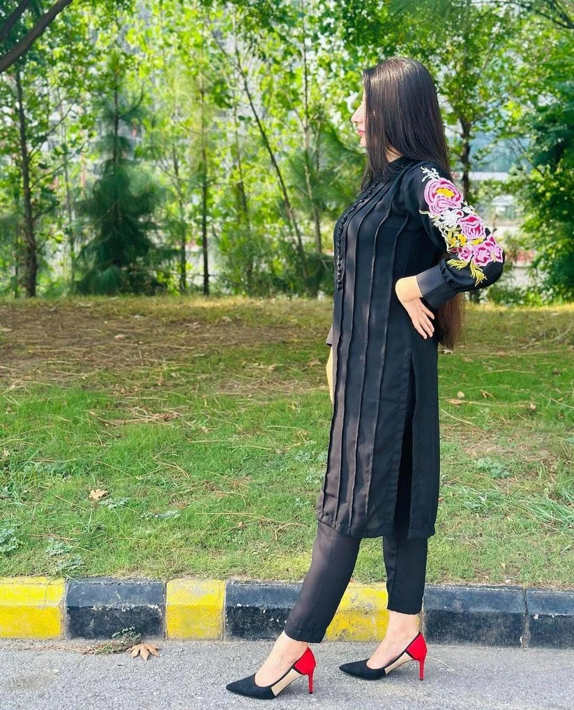 Fancy stitched Bazu Embroidery 2pcs dress for girls