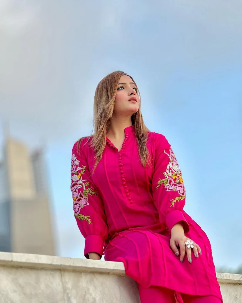 Fancy stitched Bazu Embroidery 2pcs dress for girls