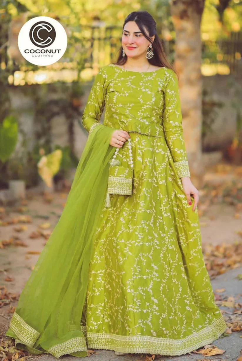 Fancy Shamoz Silk Embroidery Lengha four pieces For Girls