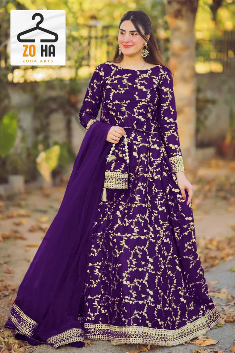 Fancy Shamoz Silk Embroidery Lengha four pieces For Girls